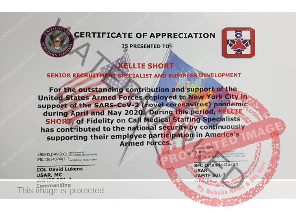 Kellie Short Certificate of Appreciation